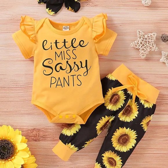3pcs Newborn Infant "Little Miss" Print Romper Short Sleeve Flying Sleev… - Picture 1 of 7